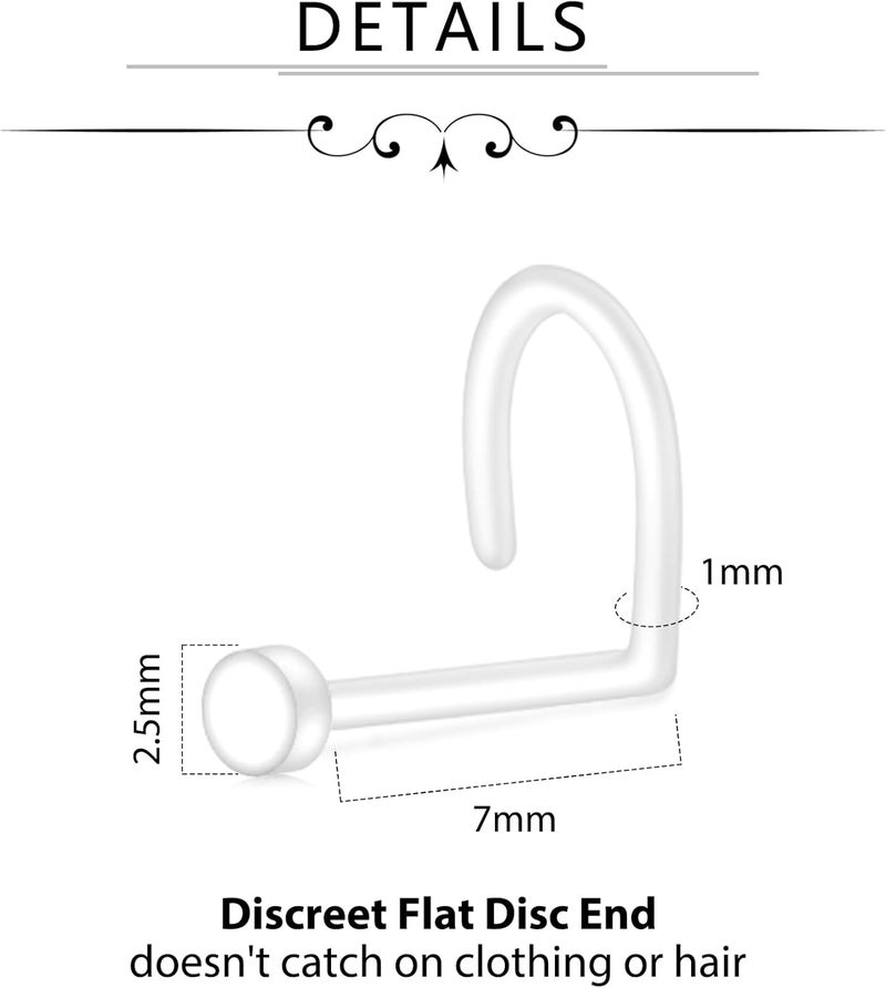 D.Bella 18g Clear Nose Studs Plastic Nose Ring for Work Surgery Flexible Nose Retainer Bioflex Nose Rings Studs Piercing Retainer Bone Shape Flat Top - Image 2